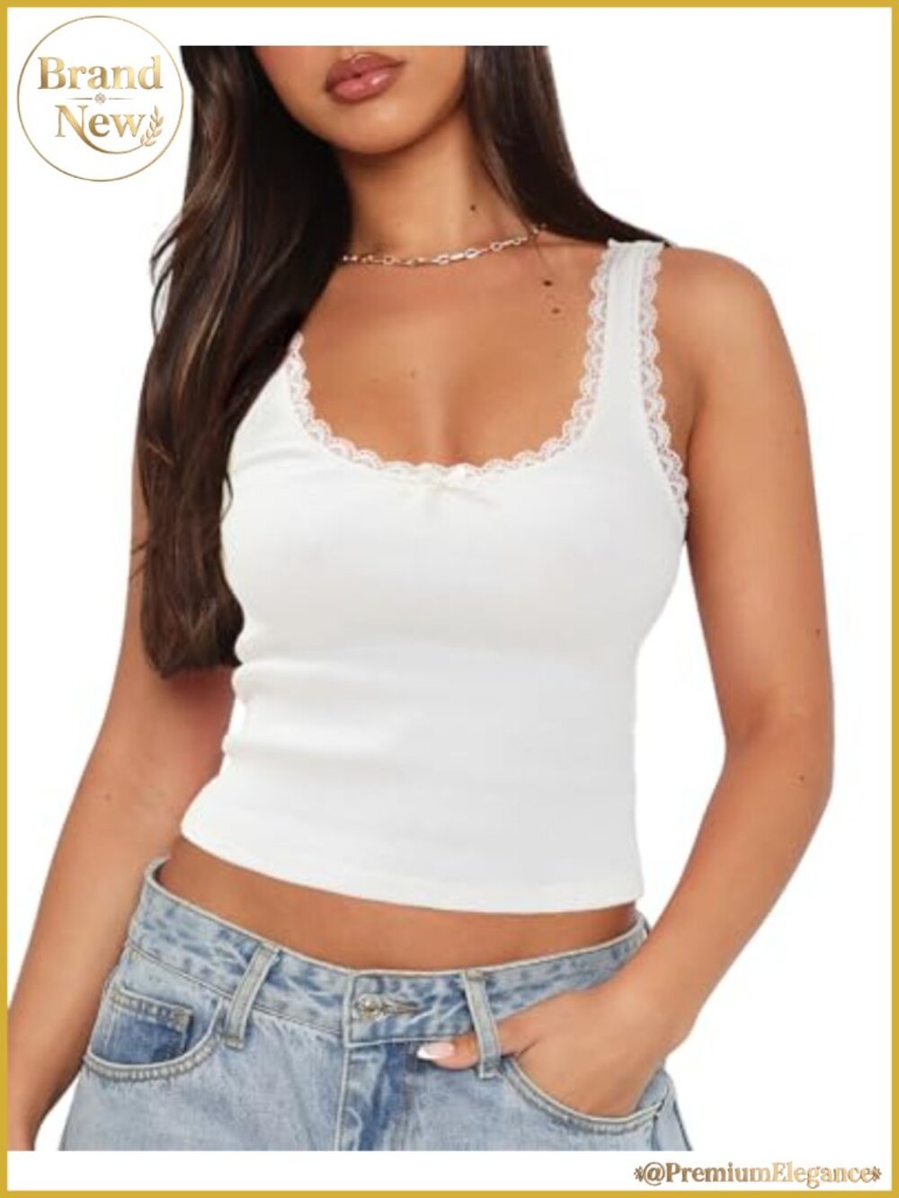 Women's Ribbed Knit Bow Lace Square Neck Tank Top Sleeveless Slim Fit